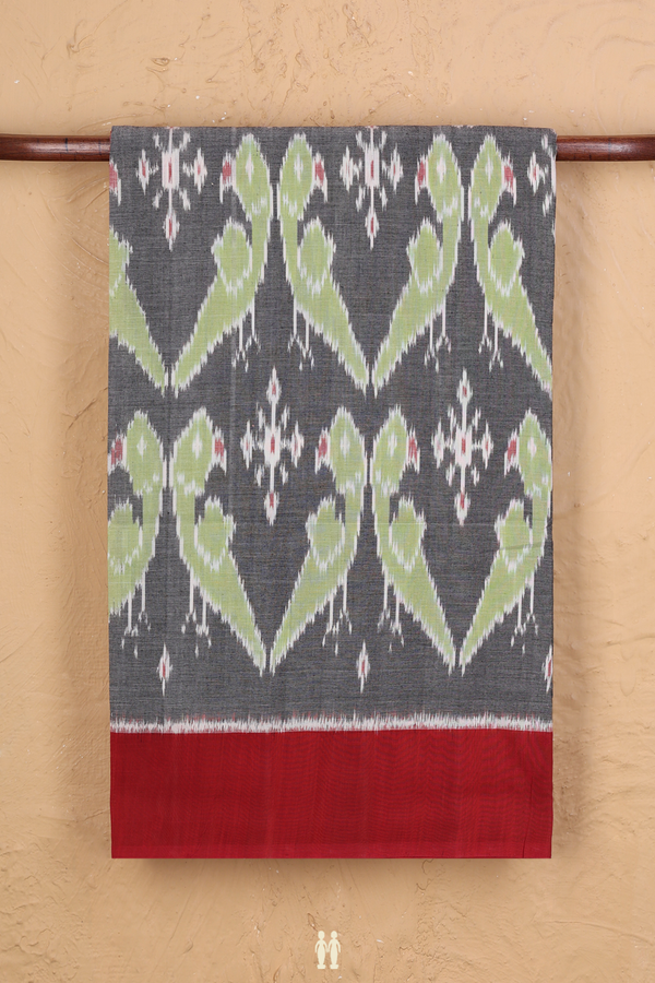Pochampally Cotton Saree In Grey With Parrot Design