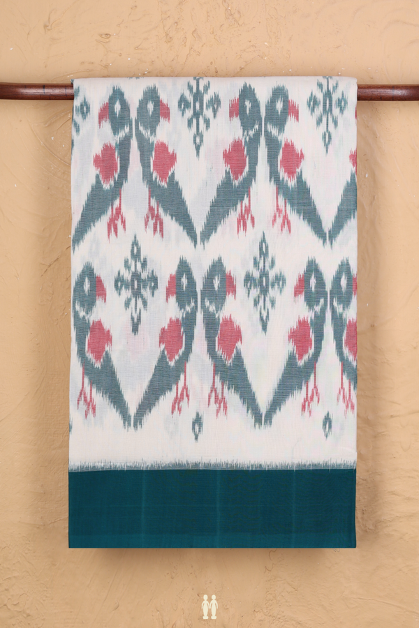 Pochampally Cotton Saree In White With Parrot Design