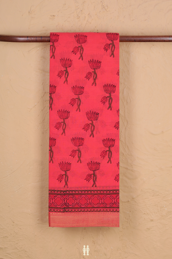 Mangalagiri Cotton Saree In Coral Red With Floral Motifs