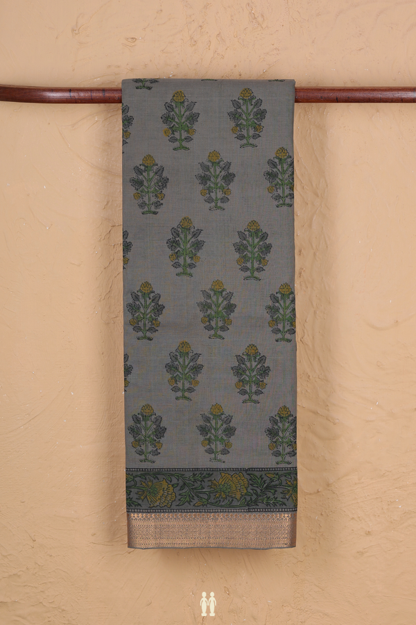 Mangalagiri Cotton Saree In Greyish Green With Floral Motifs