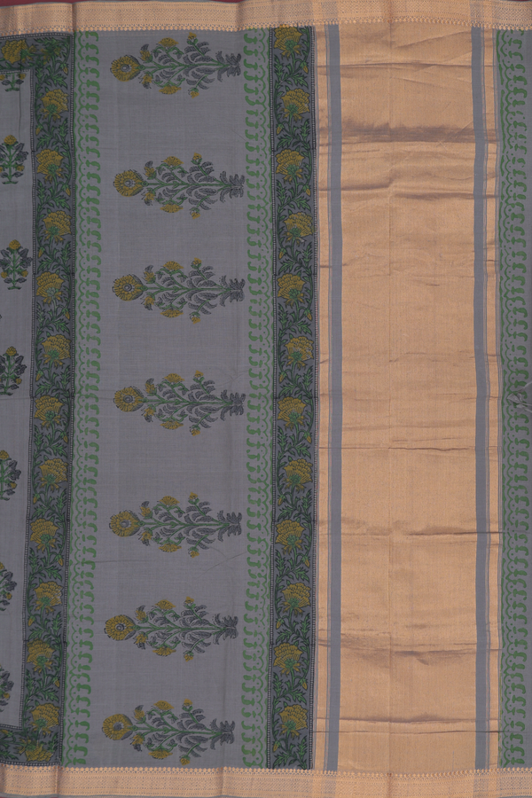 Mangalagiri Cotton Saree In Greyish Green With Floral Motifs