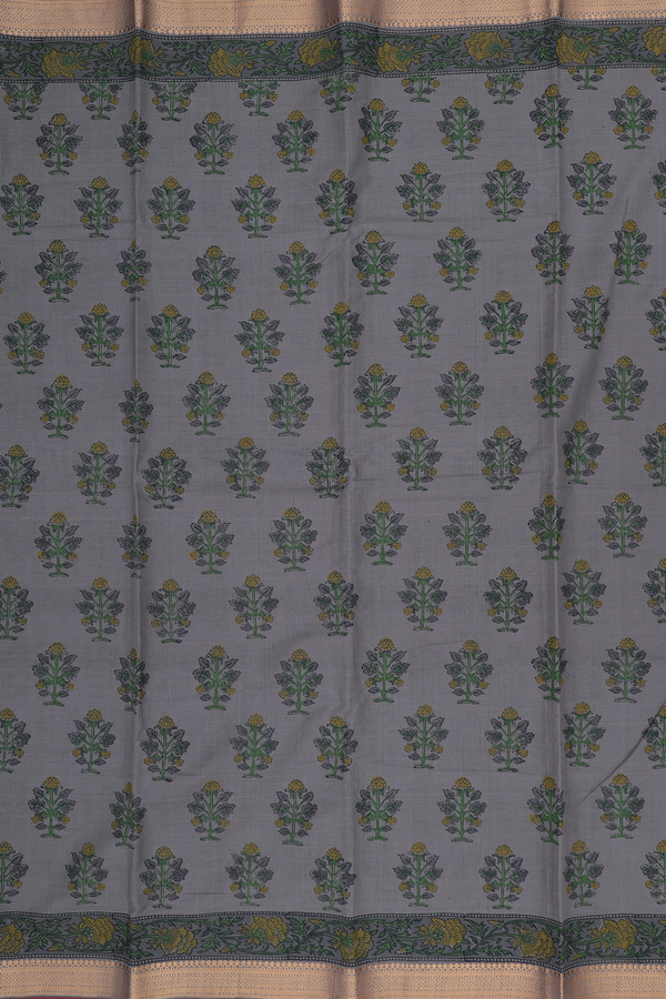 Mangalagiri Cotton Saree In Greyish Green With Floral Motifs