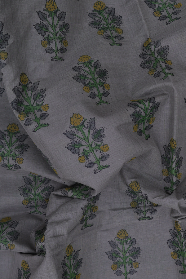 Mangalagiri Cotton Saree In Greyish Green With Floral Motifs