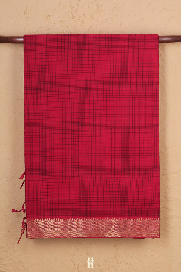 Mangalagiri Cotton Saree In Crimson Red With Checks Design