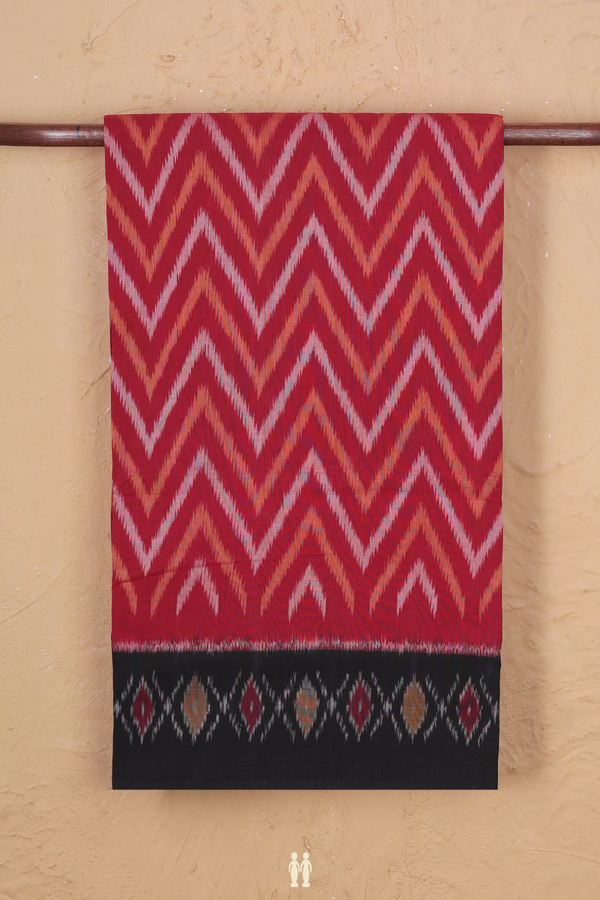 Pochampally Cotton Saree In Crimson Red With Chevron Design