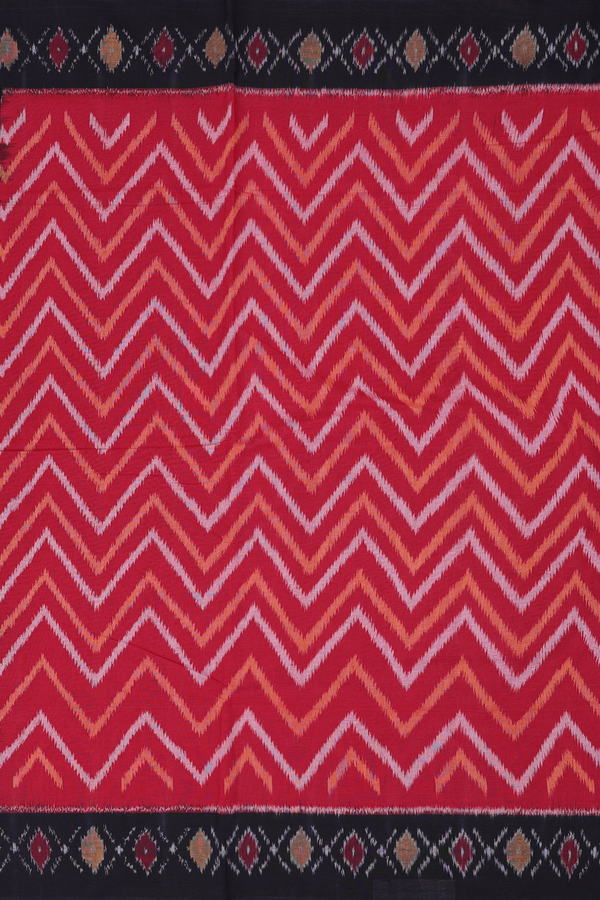 Pochampally Cotton Saree In Crimson Red With Chevron Design