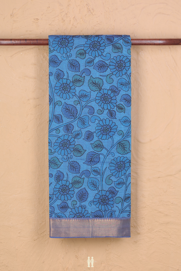 Mangalagiri Cotton Saree In Cerulean Blue With Floral Design
