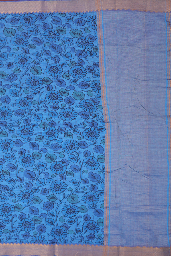 Mangalagiri Cotton Saree In Cerulean Blue With Floral Design