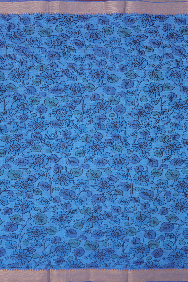 Mangalagiri Cotton Saree In Cerulean Blue With Floral Design