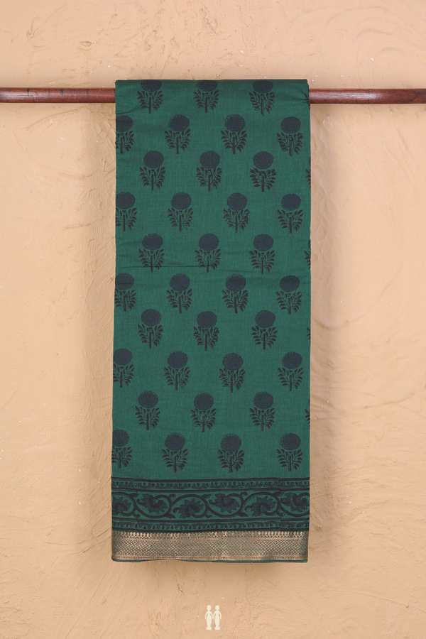 Mangalagiri Cotton Saree In Forest Green With Floral Motifs