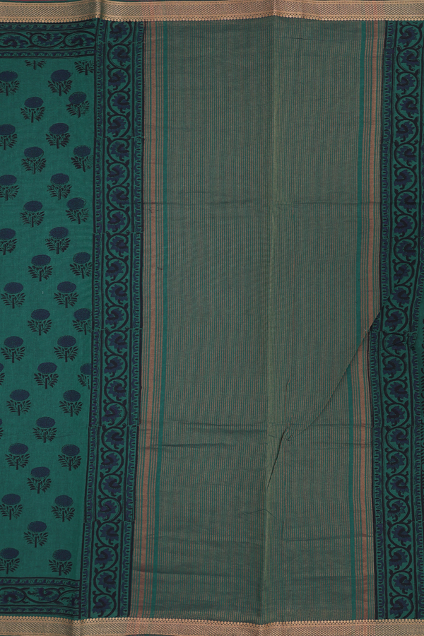 Mangalagiri Cotton Saree In Forest Green With Floral Motifs