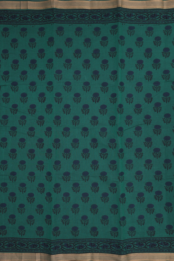 Mangalagiri Cotton Saree In Forest Green With Floral Motifs