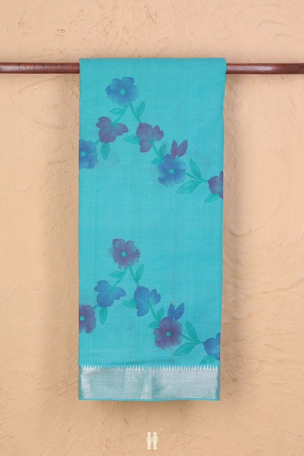 Mangalagiri Cotton Saree In Tiffany Blue With Floral Design
