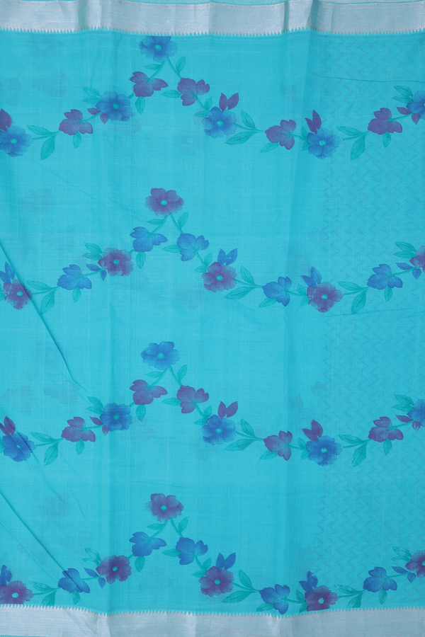 Mangalagiri Cotton Saree In Tiffany Blue With Floral Design