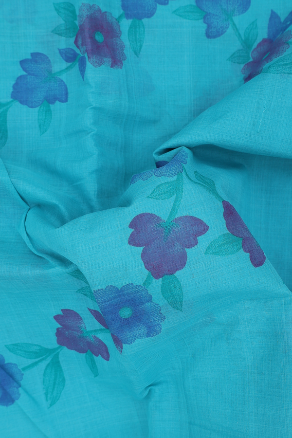 Mangalagiri Cotton Saree In Tiffany Blue With Floral Design