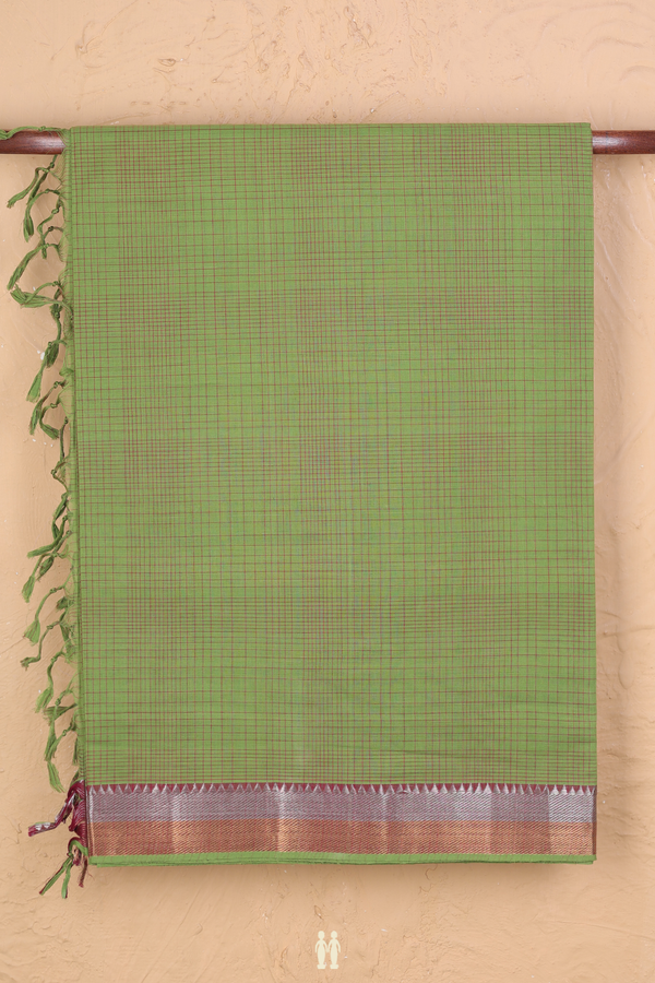 Mangalagiri Cotton Saree In Fern Green With Checks Design
