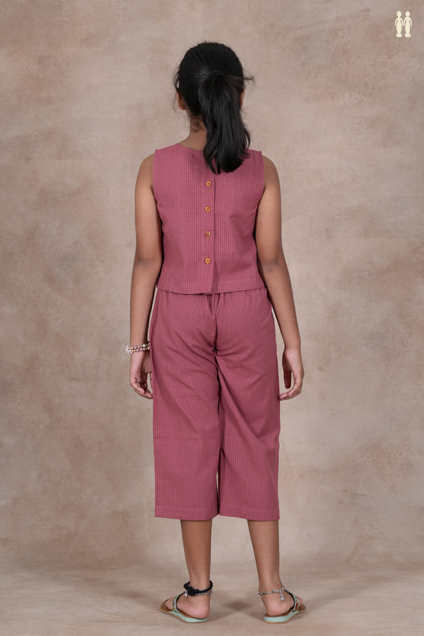 Round Neck Checks Design Dusty Red Cotton Top And Bottom