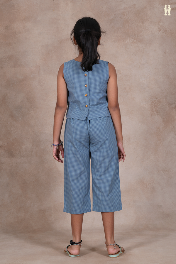 Round Neck Checks Design Dusty Blue Cotton Top And Bottom
