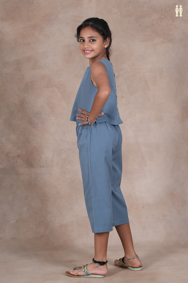 Round Neck Checks Design Dusty Blue Cotton Top And Bottom