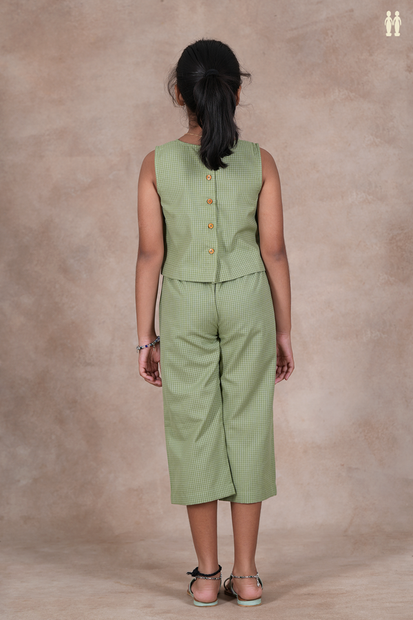Round Neck Checks Design Sage Green Cotton Top And Bottom