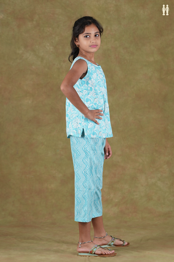 Round Neck Floral Design Blue Cotton Top And Bottom