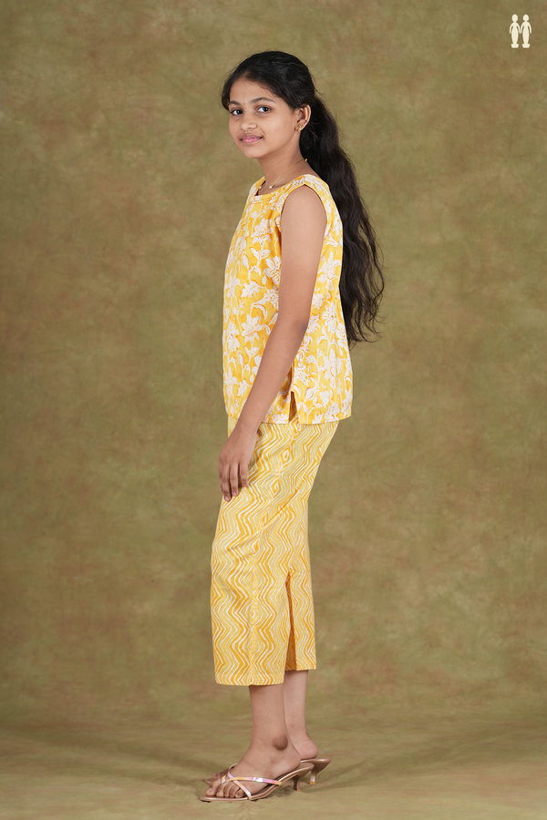 Round Neck Floral Design Yellow Cotton Top And Bottom