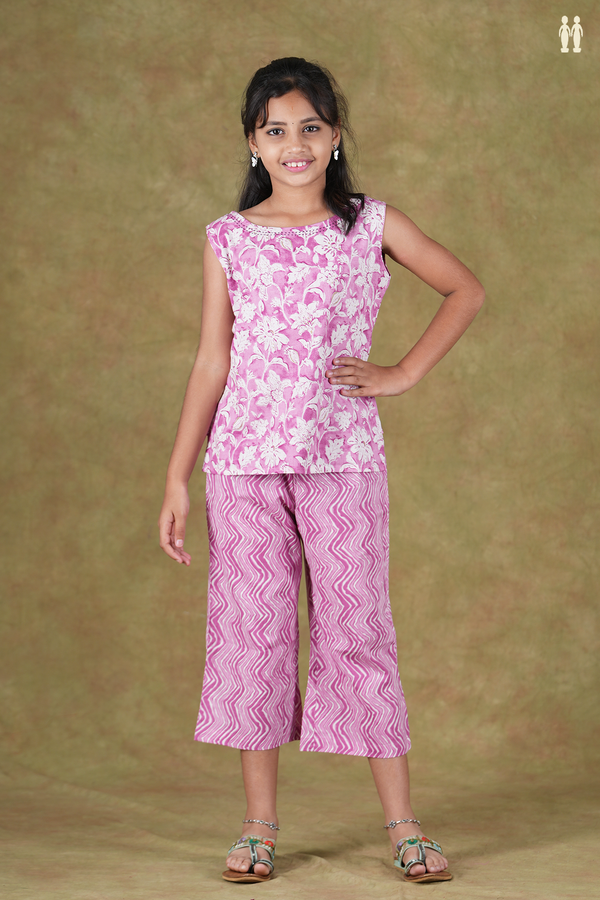 Round Neck Floral Design Pink Cotton Top And Bottom