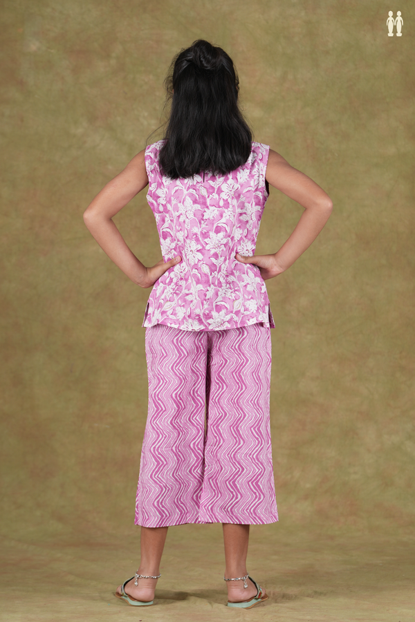 Round Neck Floral Design Pink Cotton Top And Bottom