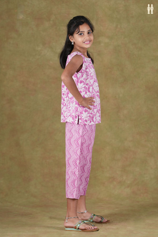 Round Neck Floral Design Pink Cotton Top And Bottom