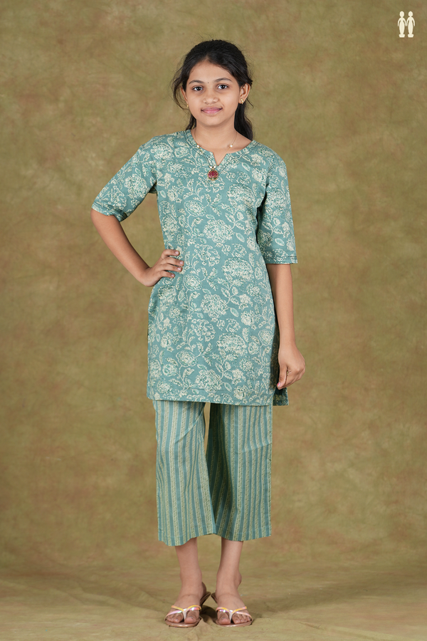 Split Neck Floral Design Dusty Green Cotton Top And Bottom