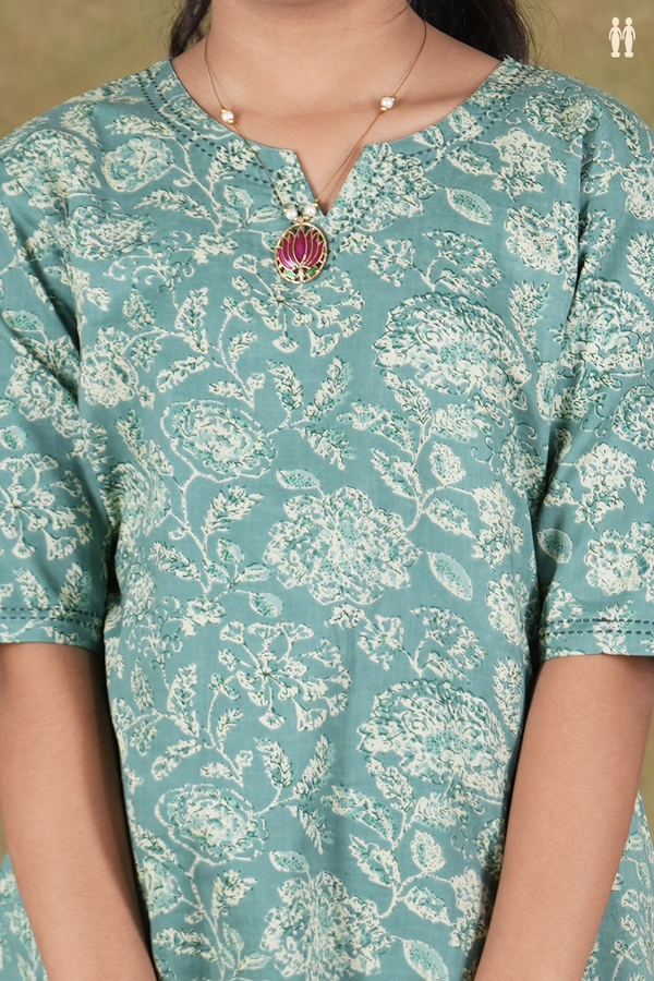 Split Neck Floral Design Dusty Green Cotton Top And Bottom