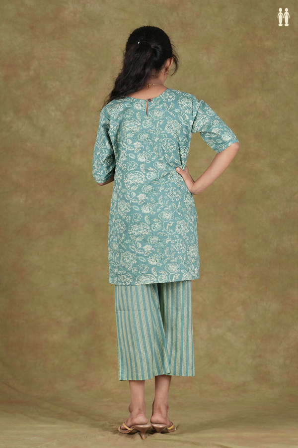 Split Neck Floral Design Dusty Green Cotton Top And Bottom