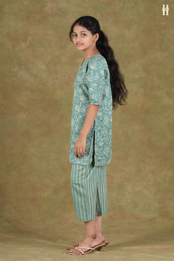 Split Neck Floral Design Dusty Green Cotton Top And Bottom