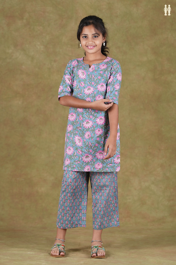 Split Neck Floral Design Dusty Blue Cotton Top And Bottom