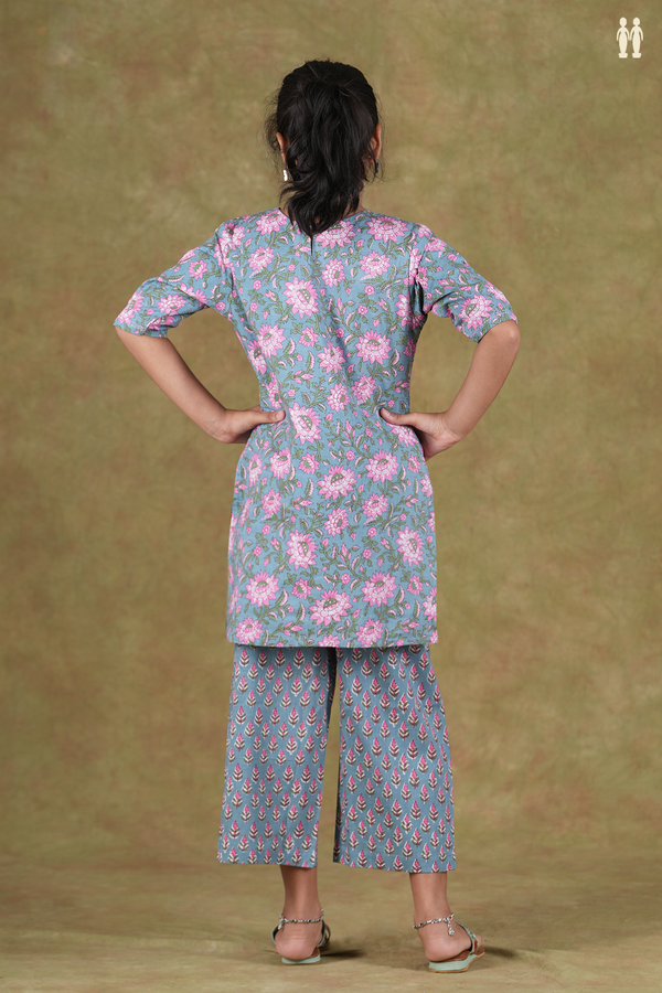 Split Neck Floral Design Dusty Blue Cotton Top And Bottom