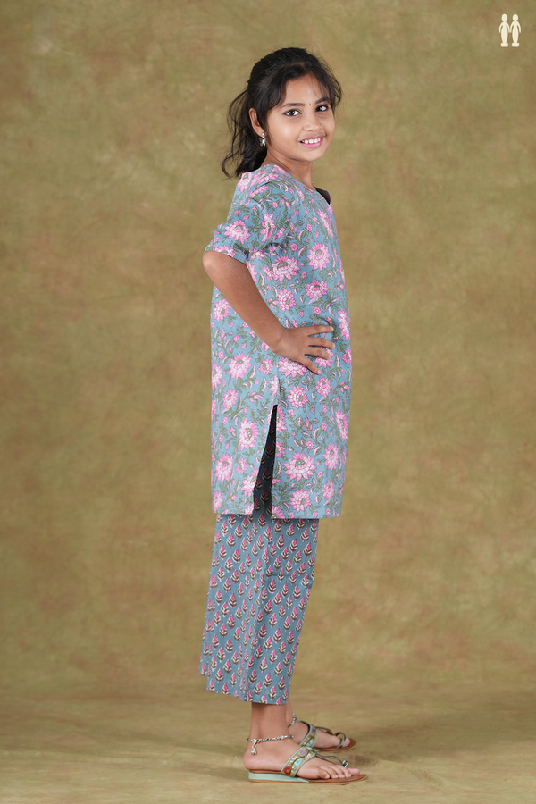 Split Neck Floral Design Dusty Blue Cotton Top And Bottom