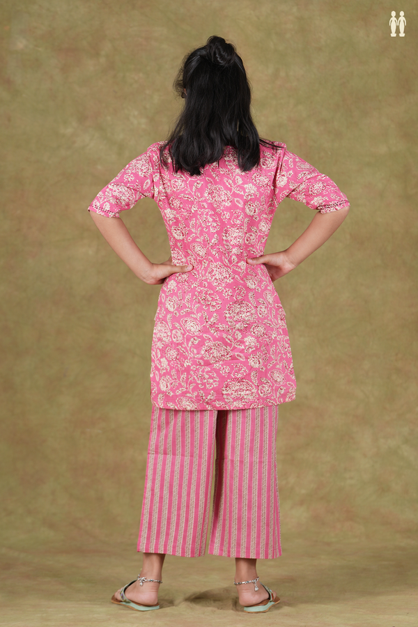 Split Neck Floral Design Pink Cotton Top And Bottom