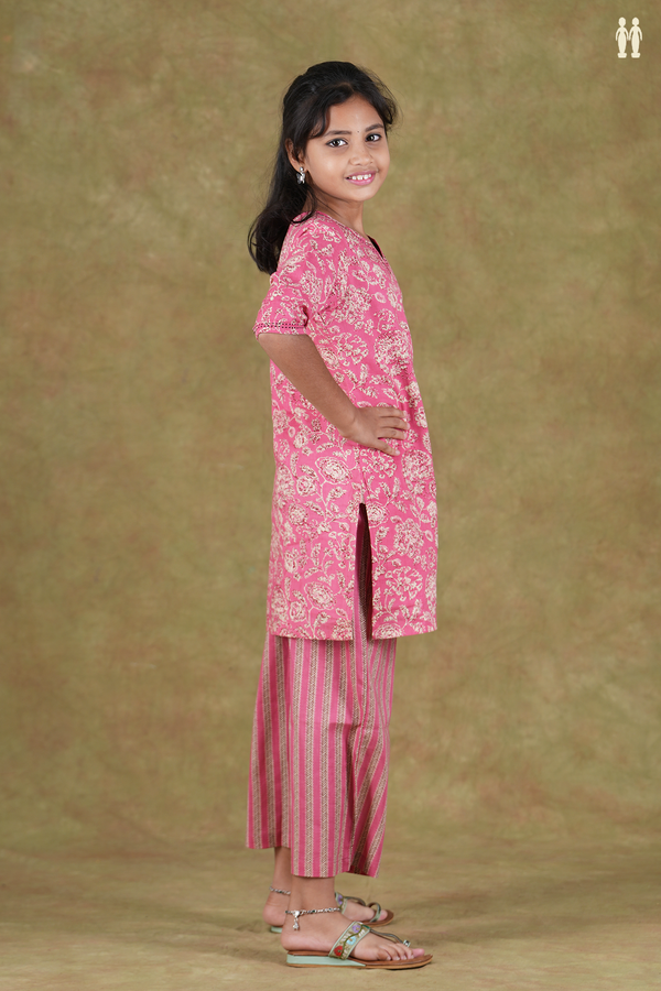 Split Neck Floral Design Pink Cotton Top And Bottom