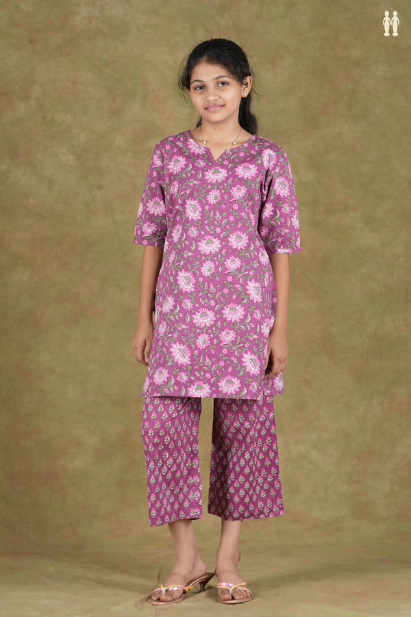 Split Neck Floral Design Purple Cotton Top And Bottom