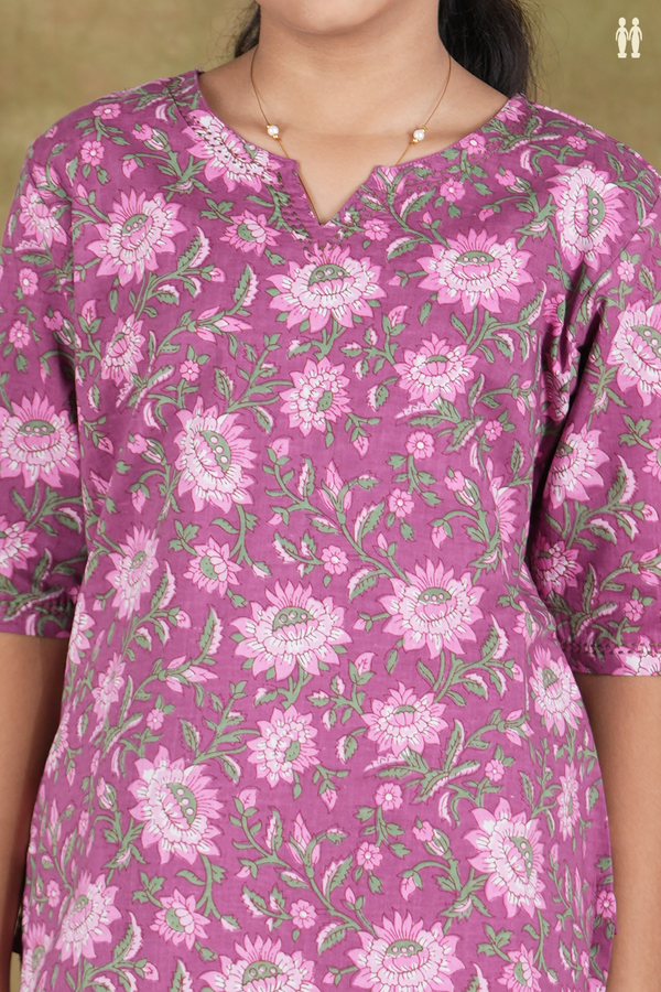 Split Neck Floral Design Purple Cotton Top And Bottom