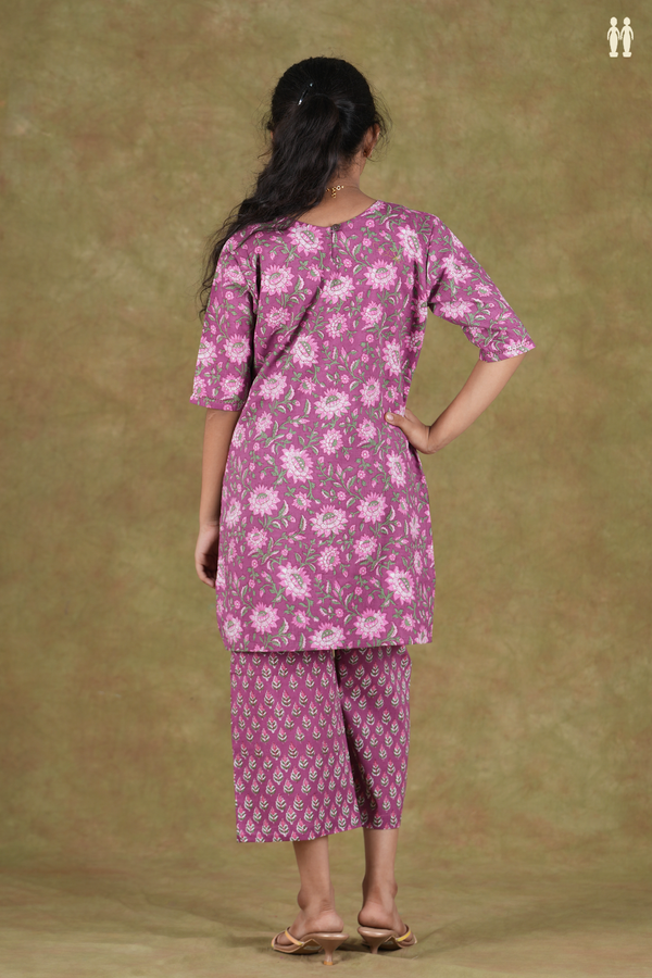 Split Neck Floral Design Purple Cotton Top And Bottom