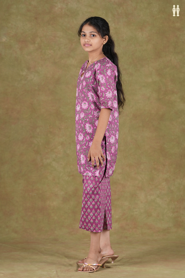 Split Neck Floral Design Purple Cotton Top And Bottom