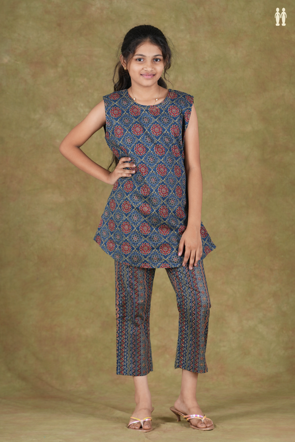 Round Neck Ajrakh Design Blue Cotton Top And Bottom