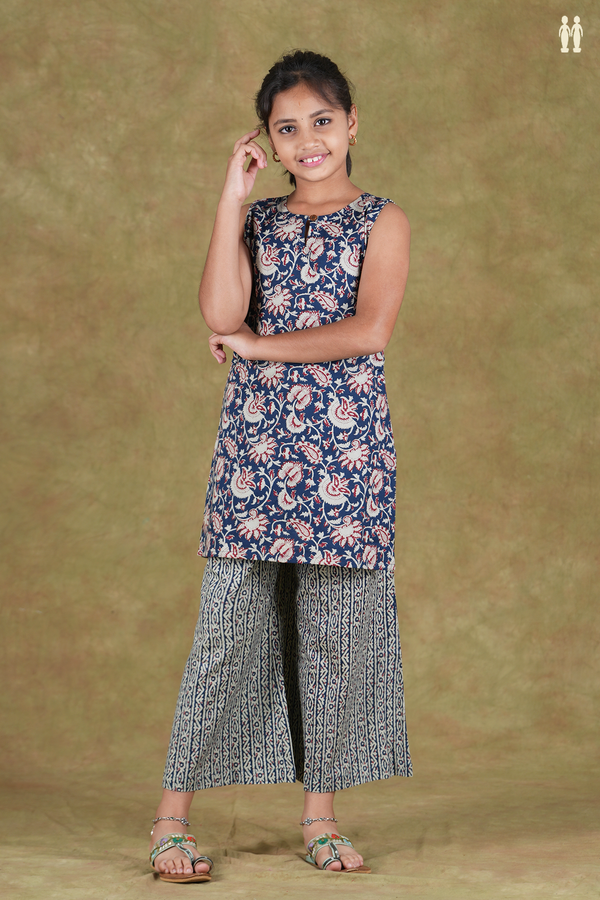 Round Neck Floral Design Blue Cotton Top And Bottom