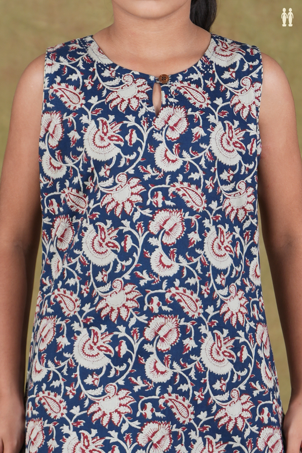 Round Neck Floral Design Blue Cotton Top And Bottom