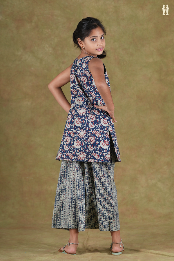 Round Neck Floral Design Blue Cotton Top And Bottom