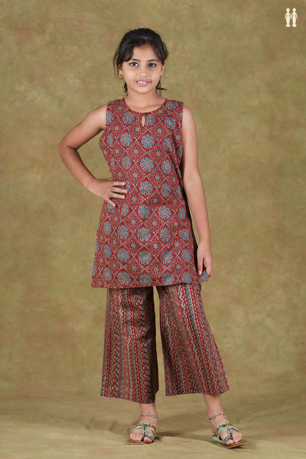 Keyhole Neck Ajrakh Design Red Cotton Top And Bottom