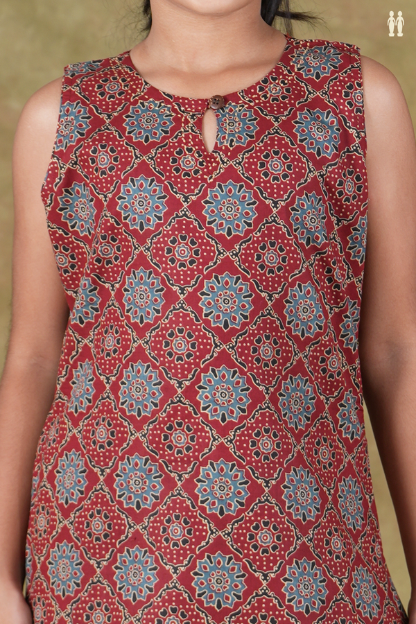Keyhole Neck Ajrakh Design Red Cotton Top And Bottom