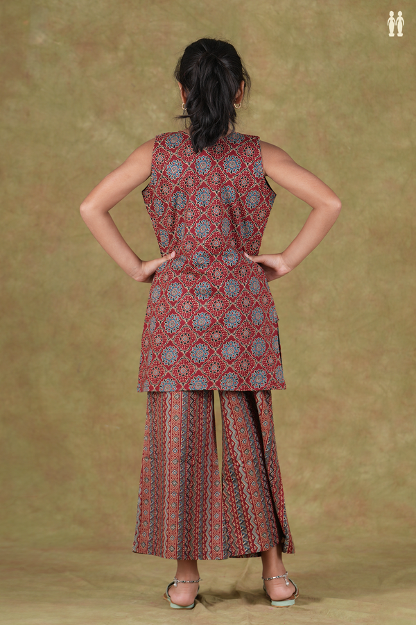 Keyhole Neck Ajrakh Design Red Cotton Top And Bottom
