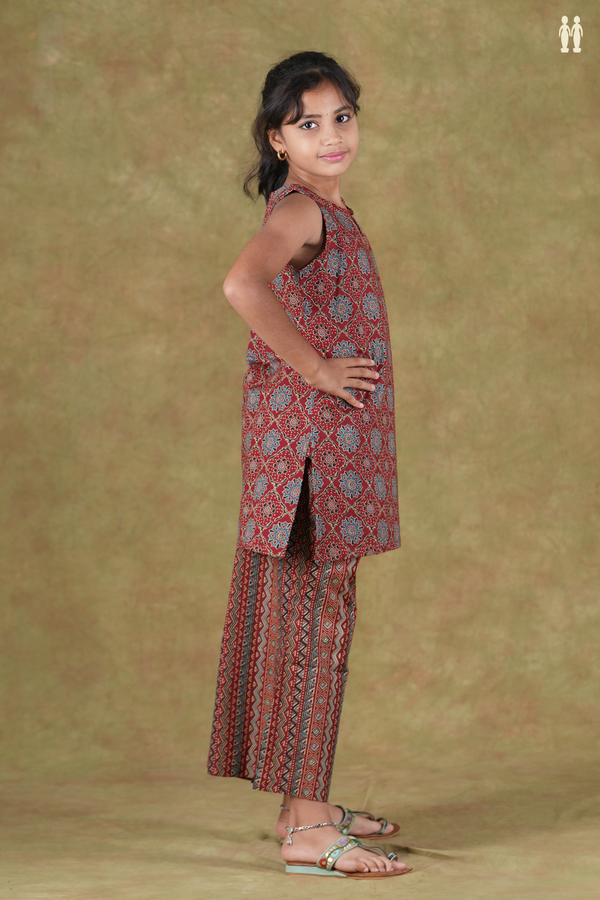 Keyhole Neck Ajrakh Design Red Cotton Top And Bottom